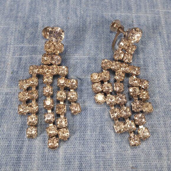 1950s Vintage Dangle Screw Back Earrings with Clear Rhinestones - Picture 1 of 4